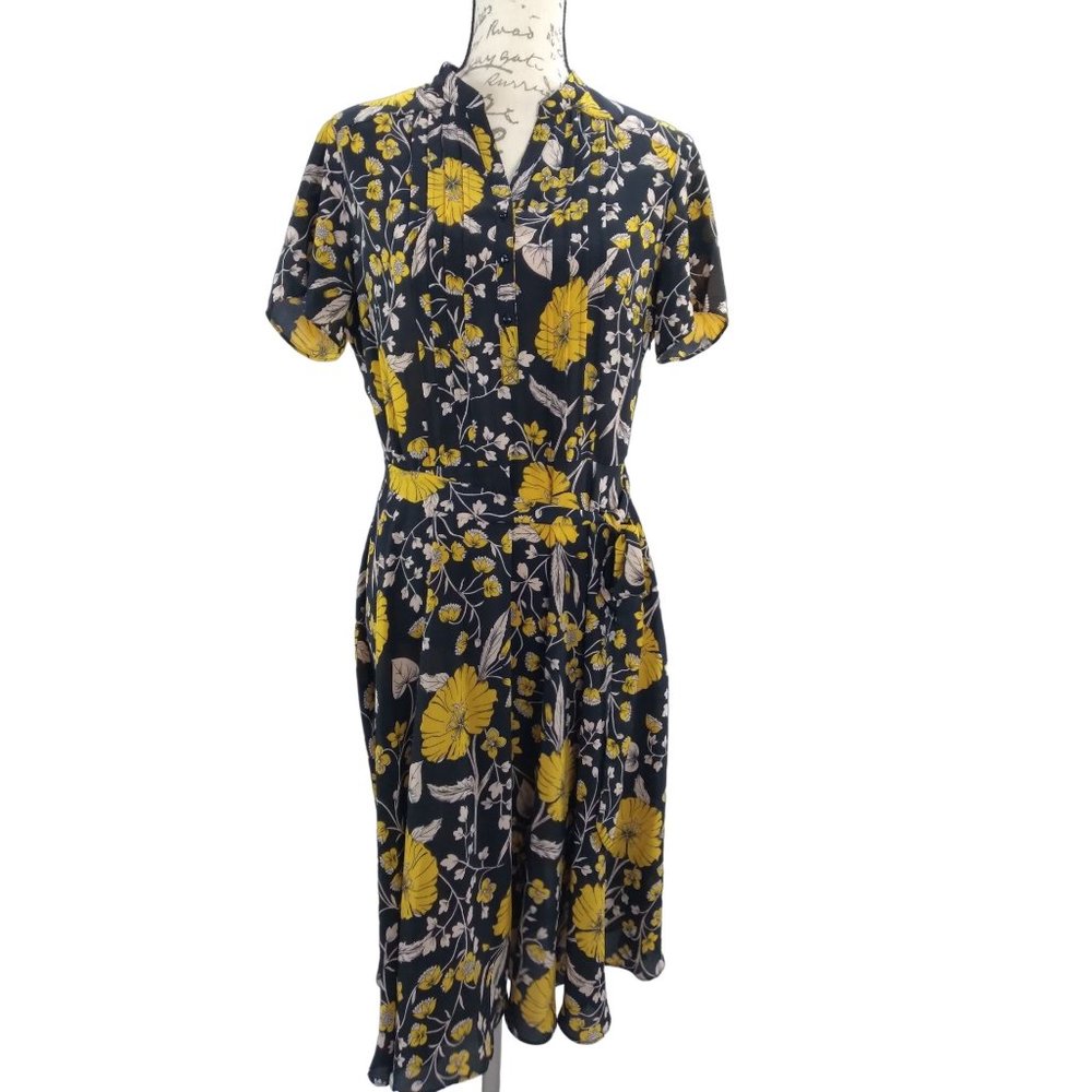 NANETTE Nanette Lepore High Neck tie waist pleated mustard floral dress SZ 8